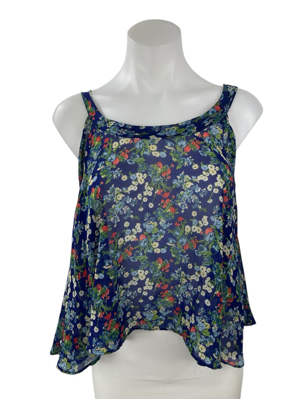 Millau Women's Blue Floral Sleeveless Boxy Swing A Line Cami Tank Blouse Top S